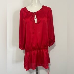 OXFORD & REGENT, Red Satiny Tie-Neck Dress/Blouse with Exaggerated Back Zipper